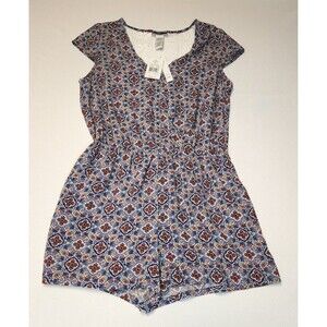 Womens Romper Shorts Joe B V Neck Size L Blue/Coral/White Floral Crochet Back